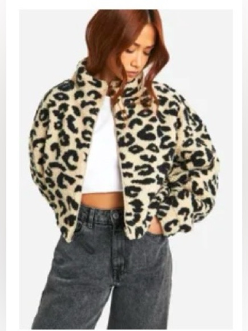 Leopard Print cropped sherpa Jacket - Women's Cream/Black